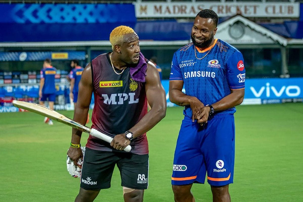 3 IPL legends who refused to switch teams and chose retirement instead Andre Russell, Kieron Pollard, and Suresh Raina celebrating in KKR, MI, and CSK jerseys as IPL legends who refused to switch teams and chose retirement