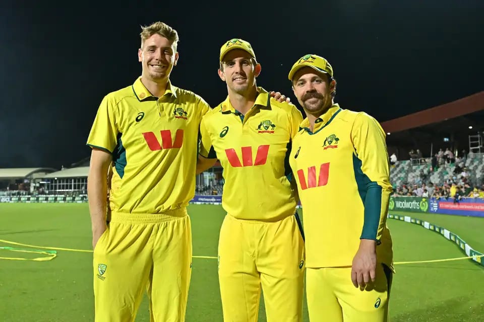 Australia Crush South Africa by 276 Runs in Mackay ODI, With Three Centurions Travis Head, Mitchell Marsh and Cameroon Green who scored century int he third match against South Africa together after hte match.