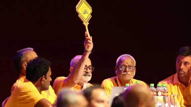 Chennai Super Kings logo with auction strategy board showing top targets Liam Livingstone David Miller Ravi Bishnoi for IPL 2026