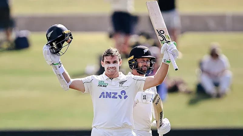 Devon Conway and Tom Latham batting together as they put on a record 323-run opening partnership against West Indies in the third Test at Mount Maunganui