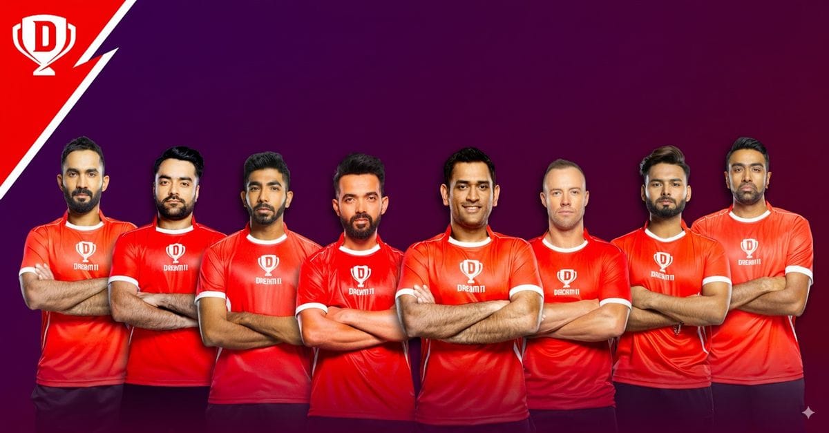 Several Indian player in a dream11 advertisement.