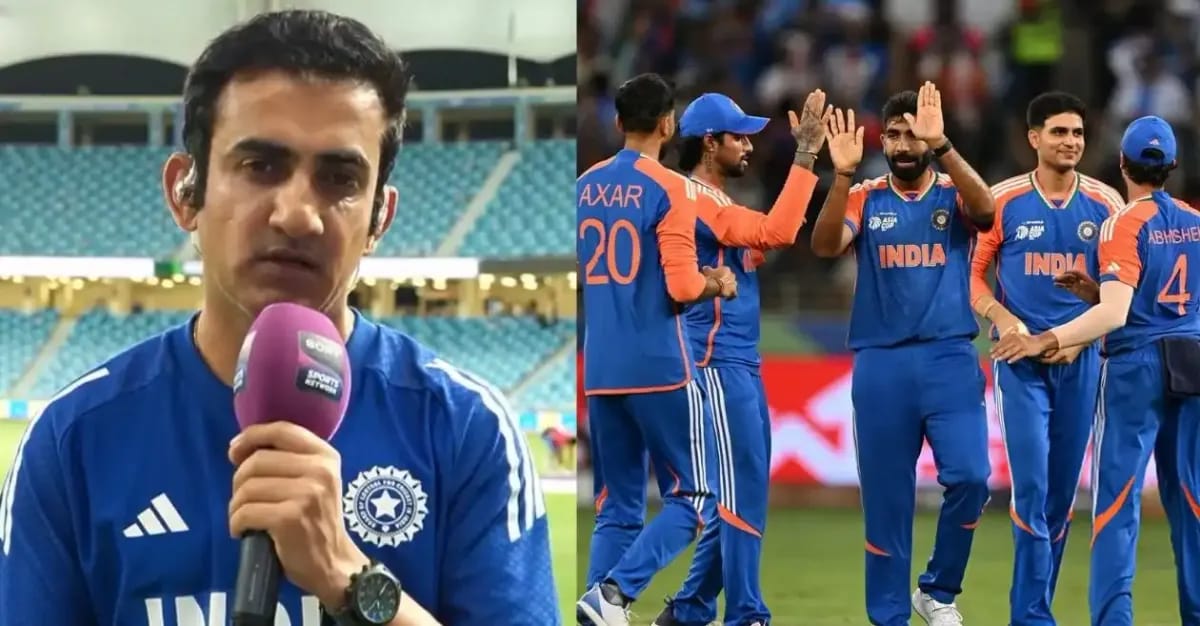 Gautam Gambhir speaks to broadcasters after India’s win, reinforcing the no-handshake stance, while Indian player celebrating after a wicket on the right side.