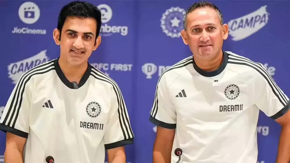 Gautam Gambhir and Ajit Agarkar at press conference. Their stance that Rohit Sharma and Virat Kohli are not in India's 2027 World Cup plans after removing Rohit as ODI captain.