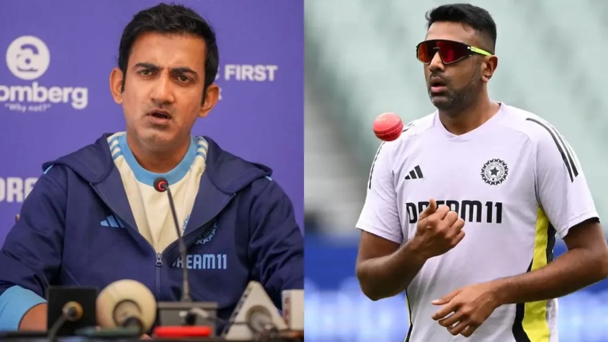 Gautam Gambhir and Ravi Chandran Ashwin in a split frame, Gambhir talking to media during a press conference while Ashwin spinning the ball during a practice session.