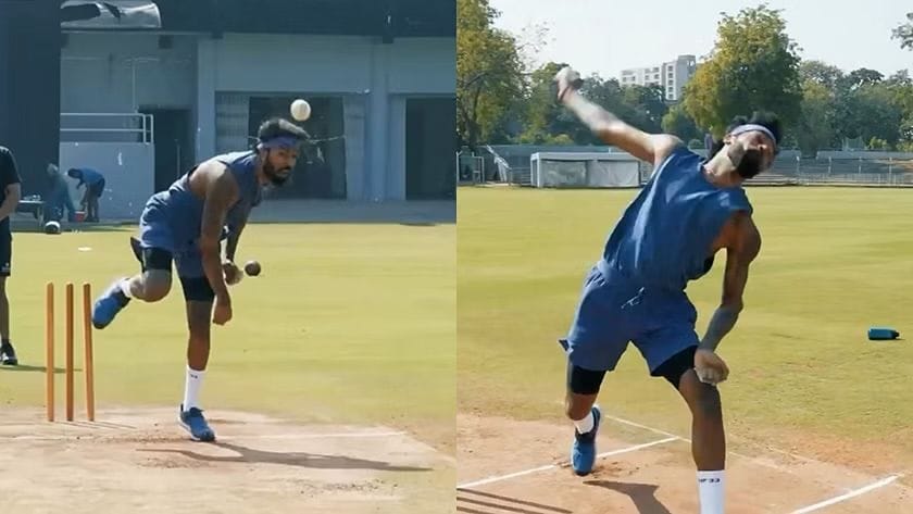Hardik Pandya runs in to bowl at training, mid-stride with focused expression.