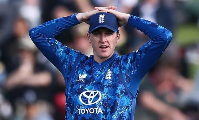England captain Harry Brook looking disappointed after England's ODI series loss to New Zealand following a batting collapse in the second ODI at Hamilton.