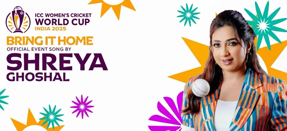 ICC releases ‘Bring It Home’ anthem by Shreya Ghoshal for Women’s World Cup 2025 Shreya Ghoshal in the poster ‘Bring It Home’, the official ICC Women’s Cricket World Cup 2025 anthem poster, launched ahead of the tournament in India and Sri Lanka from September 30 to November 2.