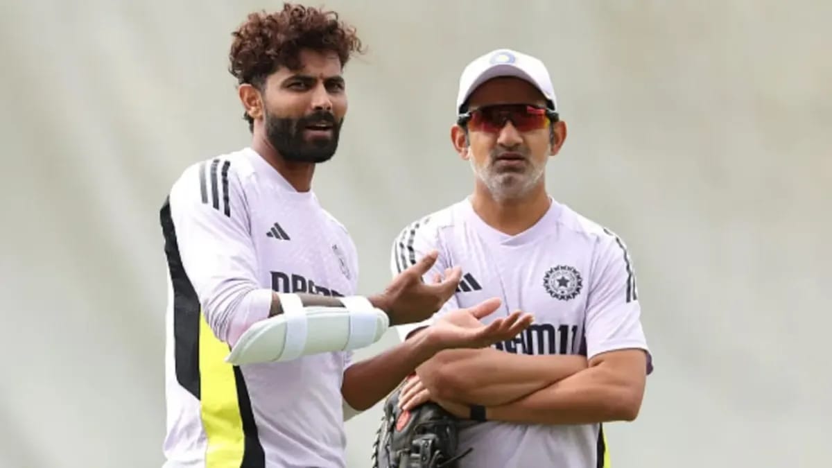 Team India's coach Gautam Gambhir having a converstation with all rounder Ravindra Jadeja during a practice session 