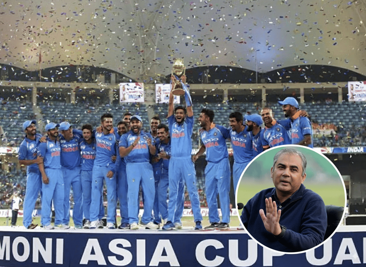 India team celebrating after winning the Asia Cup previously along with PCB Chief image in the corner