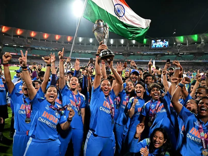 India women's cricket team celebrating World Cup 2025 victory without planned victory parade as BCCI prioritizes ICC meetings in Dubai over immediate public celebrations.