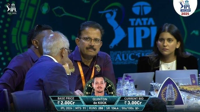 Auction table and IPL logo with Quinton de Kock highlighted as a surprise inclusion in the trimmed 350‑player list for the IPL 2026 auction in Abu Dhabi