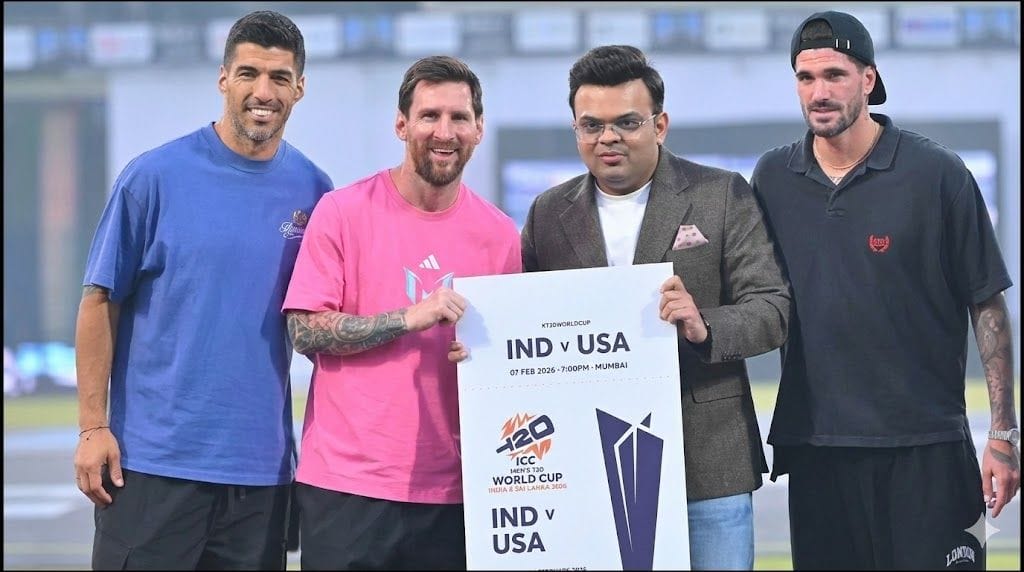 ICC Chairman Jay Shah presenting Lionel Messi with Team India jersey and T20 World Cup 2026 ticket for India vs USA match at Arun Jaitley Stadium in Delhi