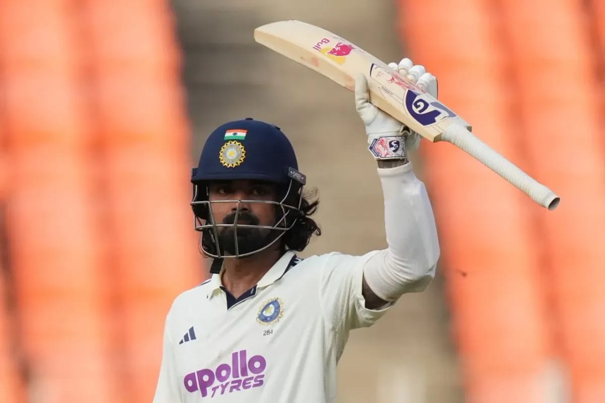 Rahul raises his bat after a composed unbeaten fifty in Ahmedabad, reinforcing expert belief he’ll surpass his best Test year.