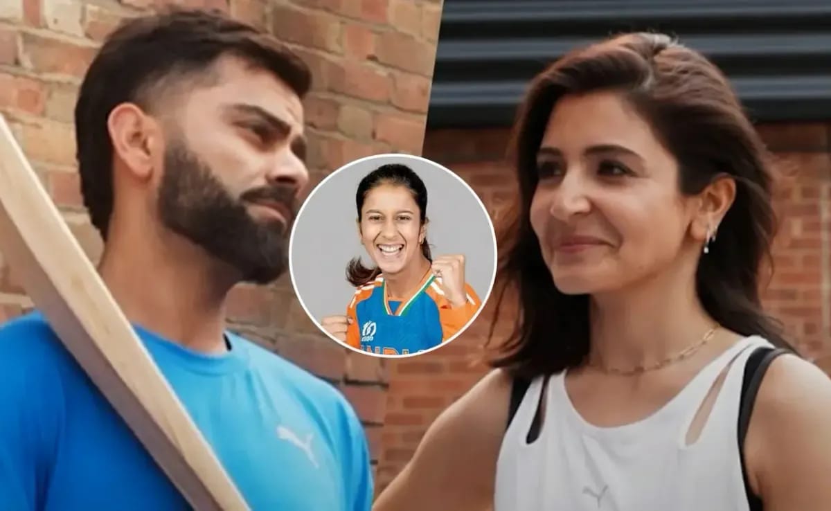 Virat Kohli and Anushka Sharma in the picture along with Jemimag Rodrigues cut out in gthe middle