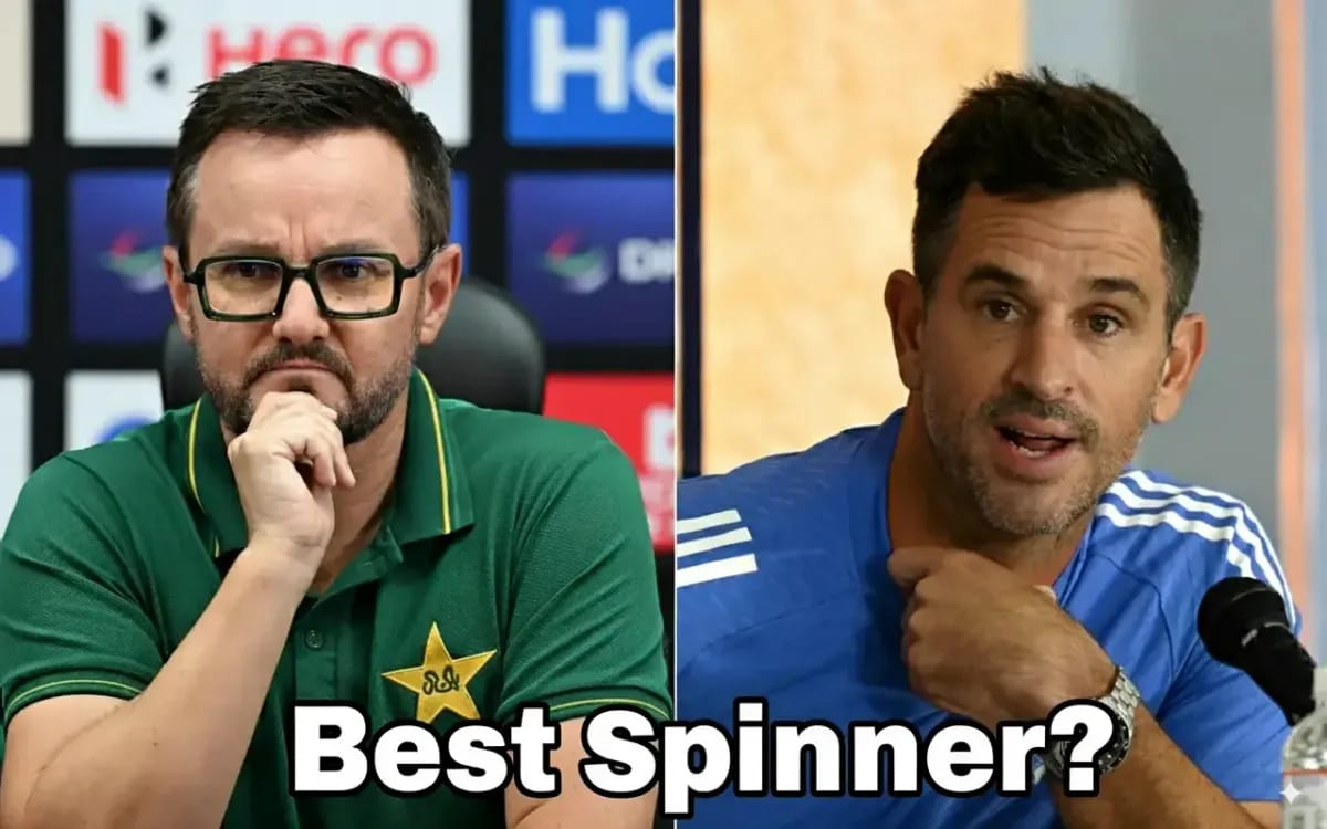 Mike Hesson and Ryan Ten Doeschate pictured in split-frame during their respective press confresses, underscoring the India–Pakistan spin battle before the Asia Cup clash.
