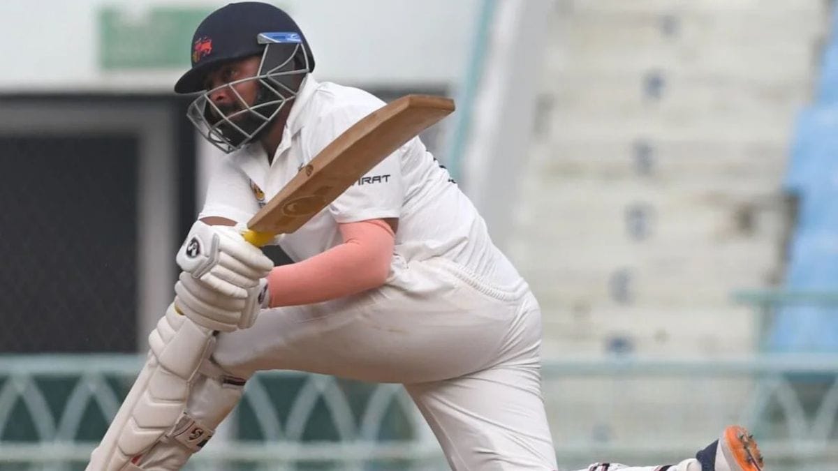 Prithvi Shaw during his blazing double century of 222 runs off 156 balls for Maharashtra in the Ranji Trophy, marking the second-fastest double ton in tournament history.