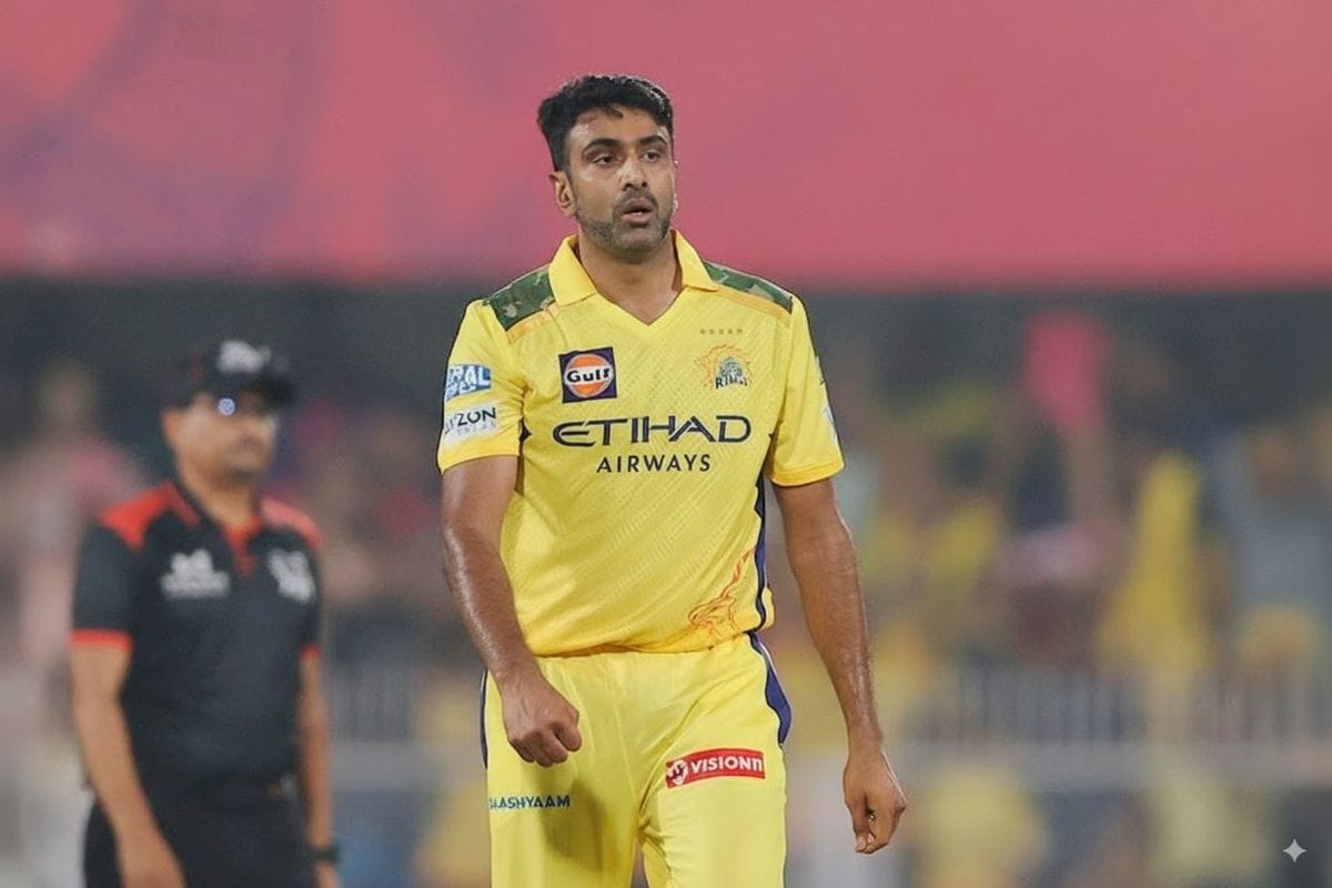 R Ashwin Missing From SA20 Auction List Despite IPL Retirement: The Real Reason R Ashwin during a IPL match in CSK Jersey, after completing the delivery, thinking something..