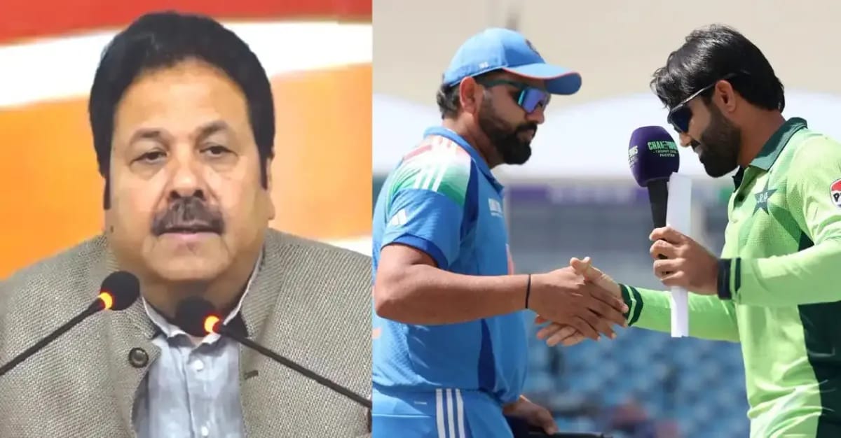 Rajeev Shukla smiles while speaking to media on the other side Indian and Pakistan captain shaking hands in an earlier match.