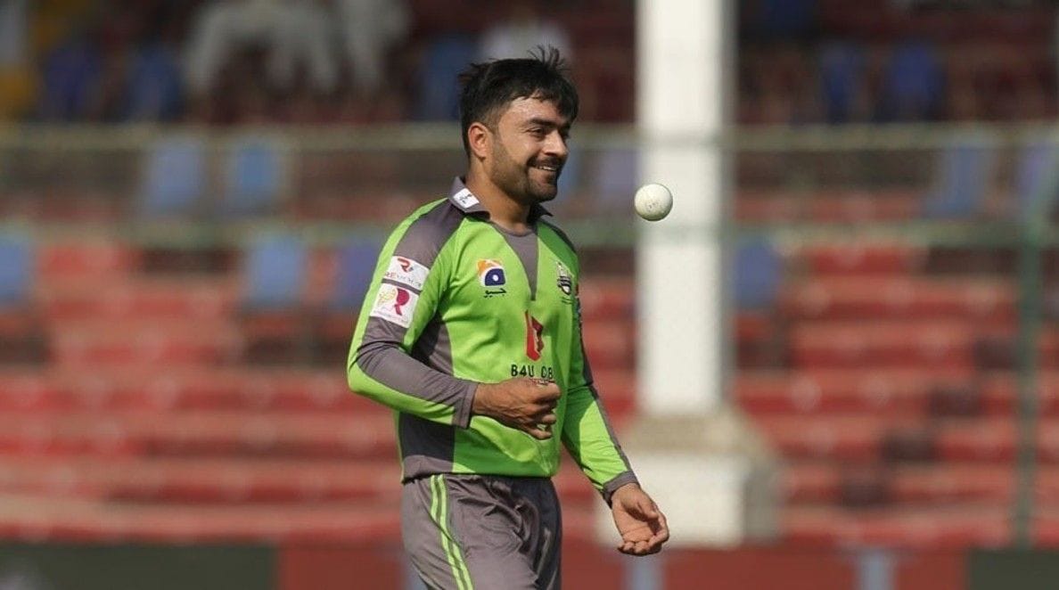 Afghanistan captain Rashid Khan in his  Lahore Qalandars cricket jersey, representing his stand against Pakistani strikes that killed three young Afghan cricketers in Paktika Province.
