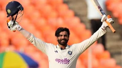 Ravindra Jadeja celebrates in Ahmedabad after century, while moving level with MS Dhoni on India’s Test six-hitters list, behind Pant, Sehwag, and Rohit.