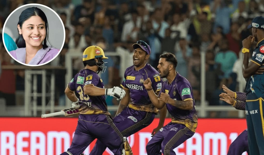 Rinku Singh and KKR player celebrating after hittig five sixes, Priya Saroj  his wofe in top left corner