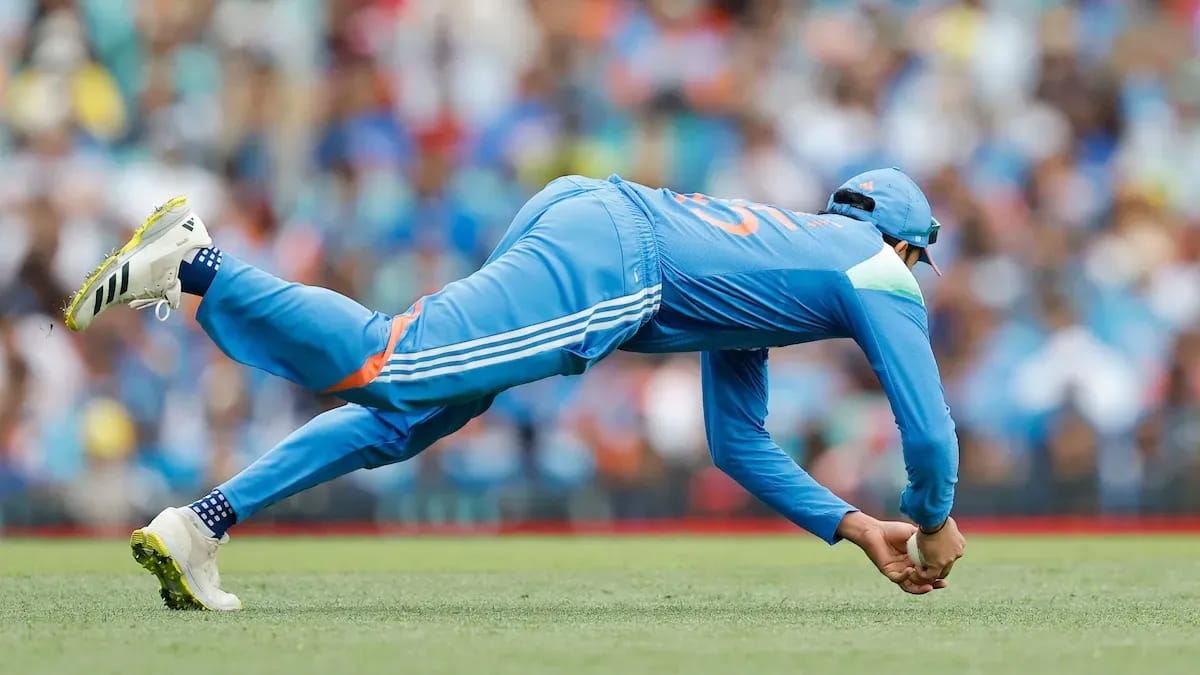Rohit Sharma completing his 100th catch in ODI cricket during the India vs Australia 3rd ODI at Sydney Cricket Ground in 2025.