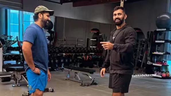 Rohit Sharma looking noticeably leaner during a gym session after losing 11 kilograms through intense training and strict diet control under Abhishek Nayar's guidance.