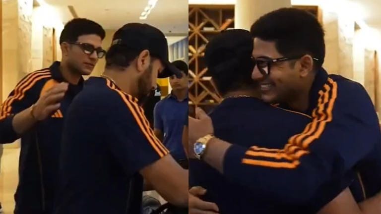 Rohit Sharma warmly greeting new ODI captain Shubman Gill with hug and handshake at Delhi team hotel on October 15, 2025, in their first meeting since the captaincy transition, before India's departure for Australia white-ball tour starting October 19, 