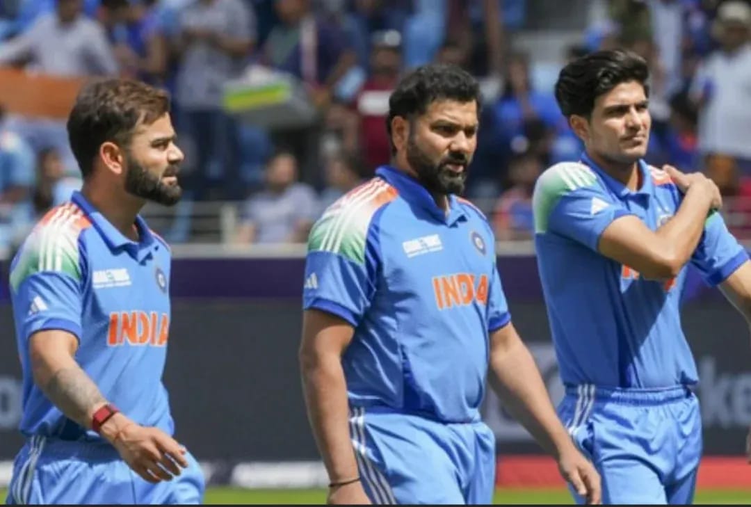Shubman Gill standing with Virat Kohli and Rohit Sharma during a match, representing the perfect leadership setup where the new ODI captain gets guidance from two legendary former captains.