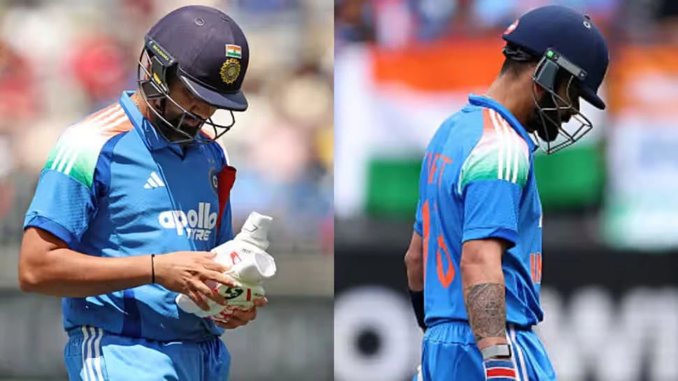 Virat Kohli and Rohit Sharma looking dejected after their disappointing dismissals in the first ODI against Australia in Perth, marking a rough return to international cricket after seven months.