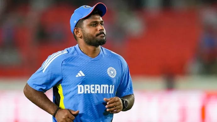 Sanju Samson warming up during a practice session.