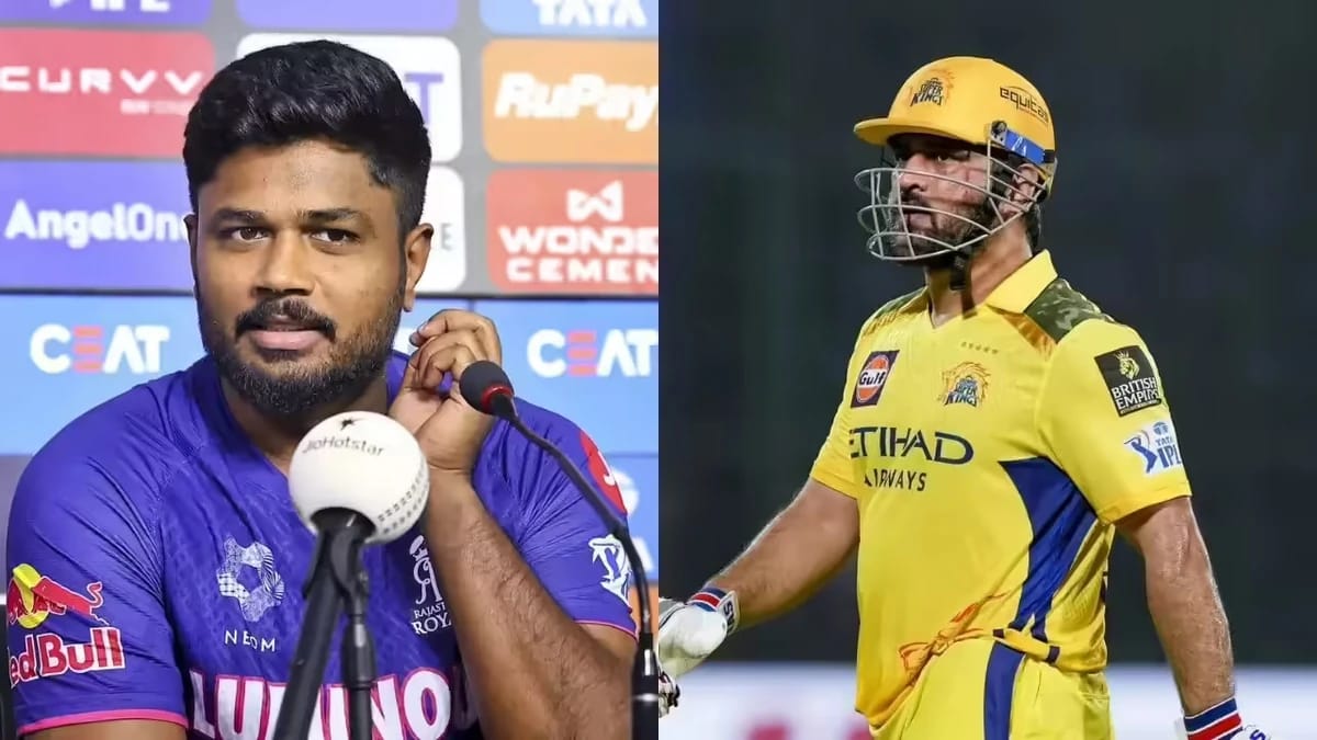 Sanju Samson in Rajasthan Royals Jersey with MS Dhoni On the other representing potential trade to CSKrepresenting potential IPL trade between RR and CSK for IPL 2026 season