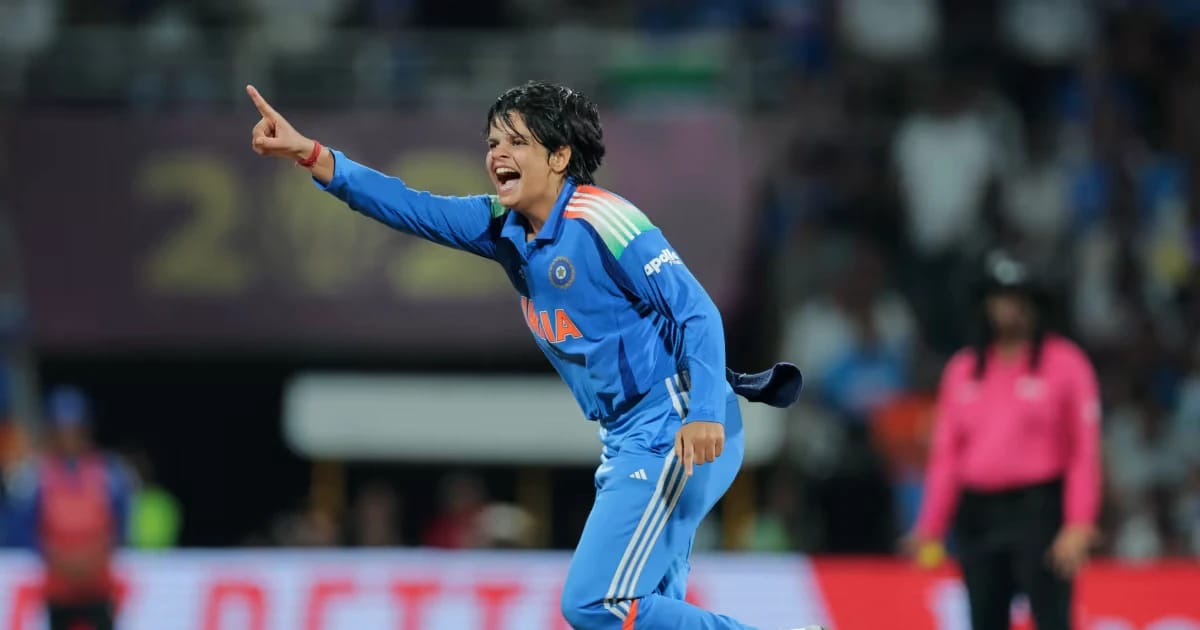 Shafali Verma celebrating after scoring taking 2 wickets in the Women's World Cup 2025 final, winning Player of the Match as India defeats South Africa by 52 runs.