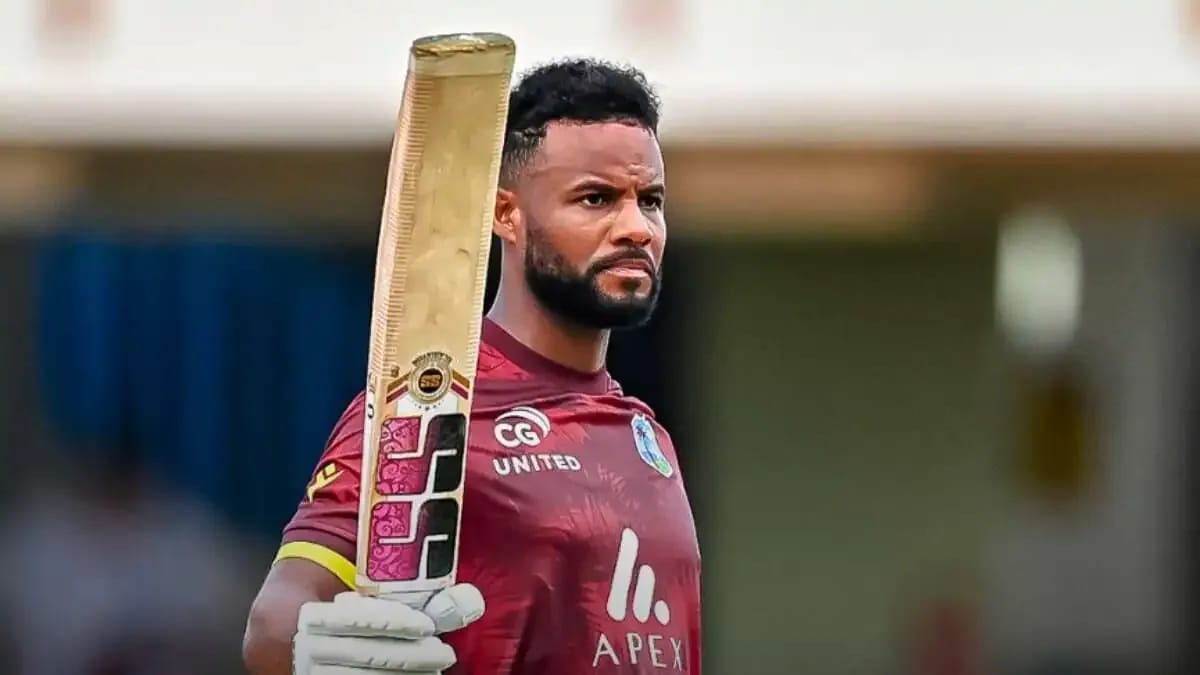 Shai Hope celebrating unbeaten 109 against New Zealand becoming first cricketer to score international centuries against all 12 Test-playing nations Napier November 2025