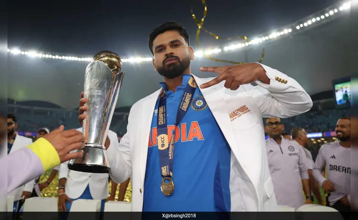 Shreyas Iyer Declines Captaincy Ahead Of Asia Cup Snub: Reports Shreyas Iyer Celebrating after winning Champions Trophy holding the trophy in hand and posing.