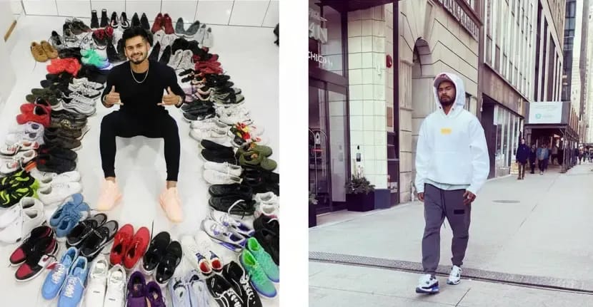 Shreyas Iyer  with his shoes collection on left, while walking on a street on right