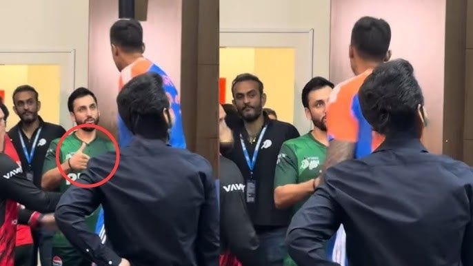 Suryakumar Yadav and Salman Agha share a brief handshake as they exit the Asia Cup captains’ press conference stage.