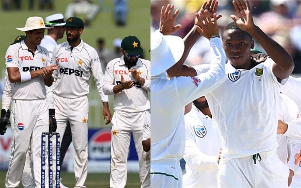 Pakistan and South Africa players during the first Test match at Gaddafi Stadium in Lahore on October 12, 2025, where defending World Test Championship holders South Africa begin their title defense against Pakistan