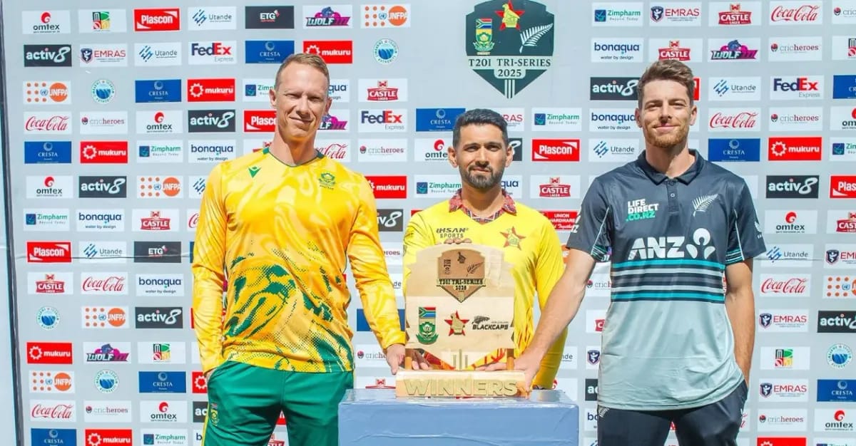 South Africa, New Zealand, and Zimbabwe Set for a Fresh T20I Tri-Series in Harare South Africa, Zimbabwe and New Zealand's captains with the tri nation series trophy during photosoot.