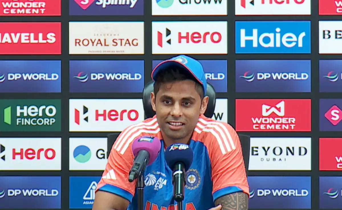 Suryakumar Yadav smiles while answering media questions about India’s dropped catches against Pakistan, joking about a “fielding coach email” for players with butter fingers.