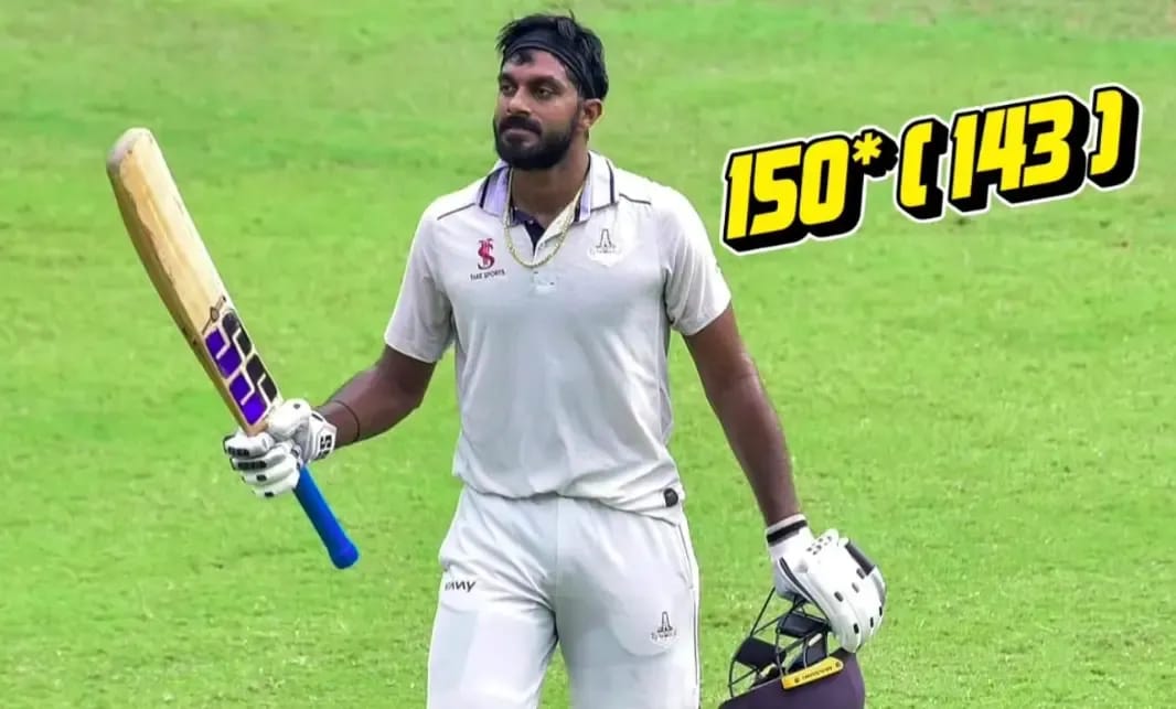 Vijay Shankar celebrating his career-best 150 not out for Tripura against Assam in Ranji Trophy 2025-26, with Hanuma Vihari's 156 helping team reach 602/7 declared