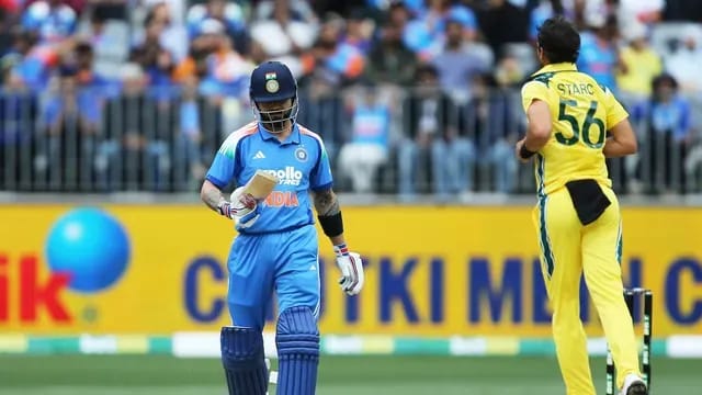 Virat Kohli walking back after being dismissed for a duck in Perth ODI against Australia, just minutes after declaring he was fitter than ever before in a pre-match interview.